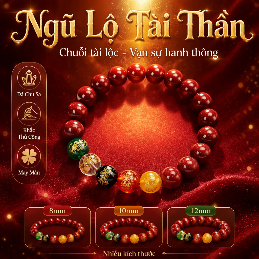 Vòng tay thần tài ngũ lộ bằng chu sa thật mới, vòng tay thạch anh tím vận may năm bản mệnh, trang sức phật châu quà