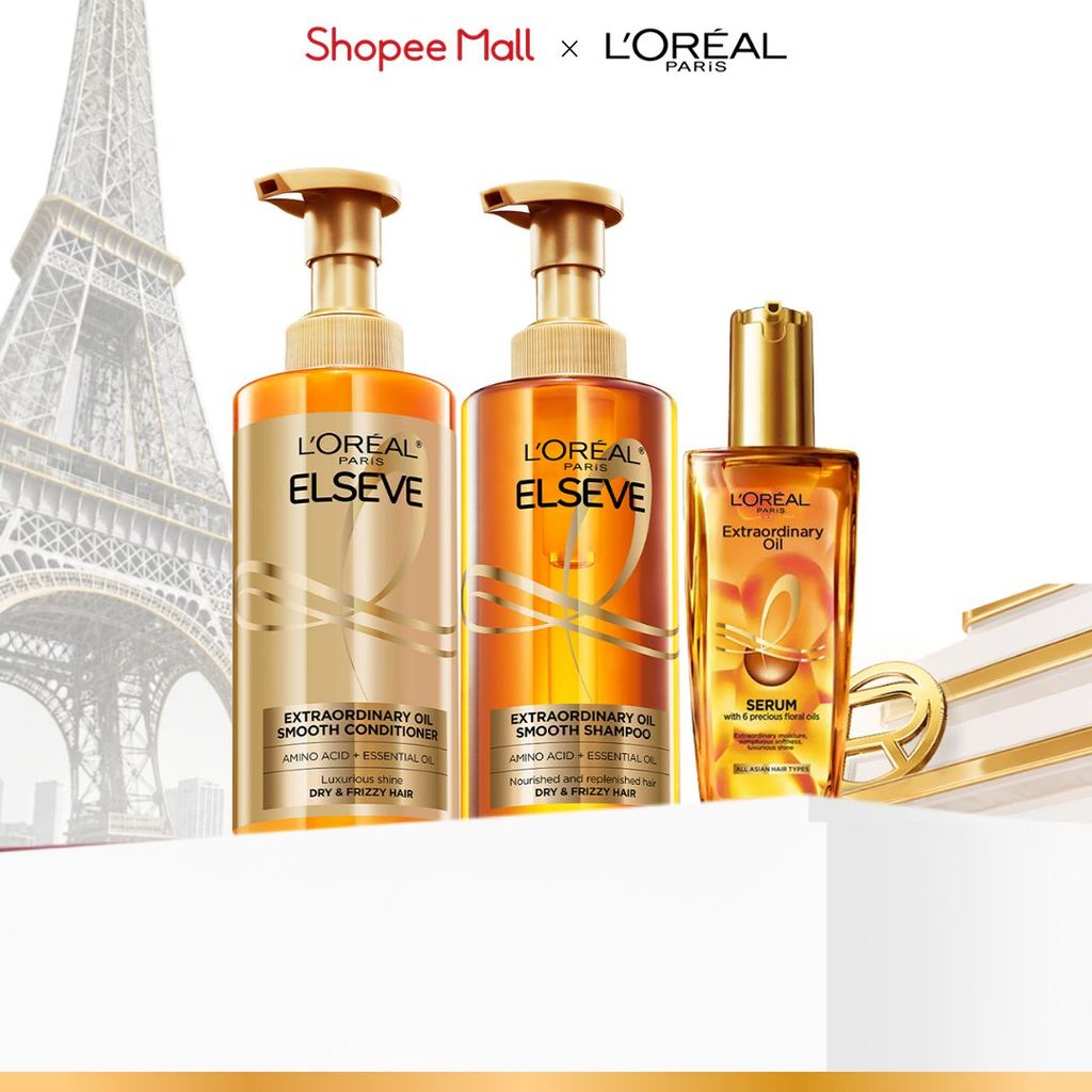 Bộ gội xả dưỡng tóc suôn mượt tóc cao cấp L'Oreal Paris Sleek 440ml x2 & Dầu dưỡng chiết xuất tinh d