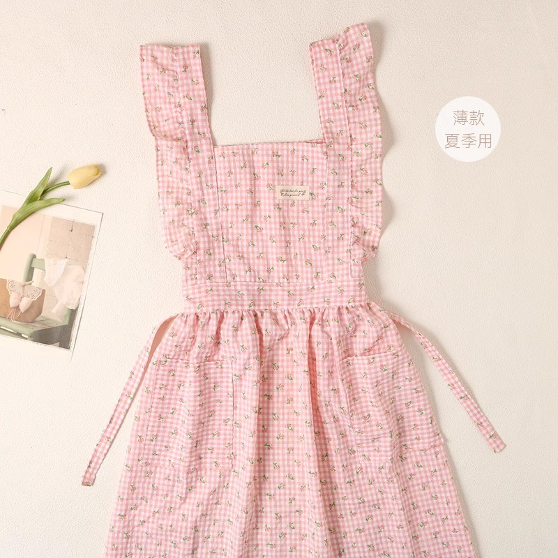 Preferred#Korean-style summer breathable thin apron for girls, sweet princess plaid bubble cotton fa