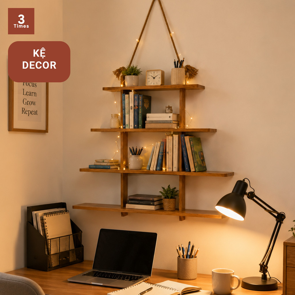 Kệ Gỗ Treo Tường Dây Thừng 4 Tầng, Kệ MDF Trang Trí Decor Phòng Ngủ Phòng Khách Ngang 60cm