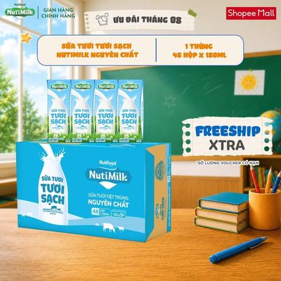 Thùng 48 Hộp Sữa Tươi Tươi Sạch NutiMilk Nguyên Chất 180ml