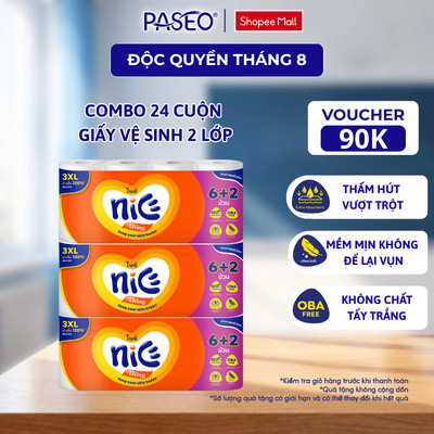 [Combo 24 Cuộn] Giấy Vệ Sinh NICE Mega 8 Cuộn/Lốc Cuộn Lớn Tiết Kiệm Mềm Mịn Tan Nhanh Trong Nước An Toàn Cho Da