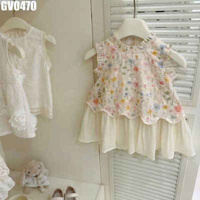 Váy Bé Gái Dáng Xòe Sát Nách Màu Kem Phối Hoa Đồng Nội Và Hoa Thêu Nổi Mềm MINTSCLOSET GV0470