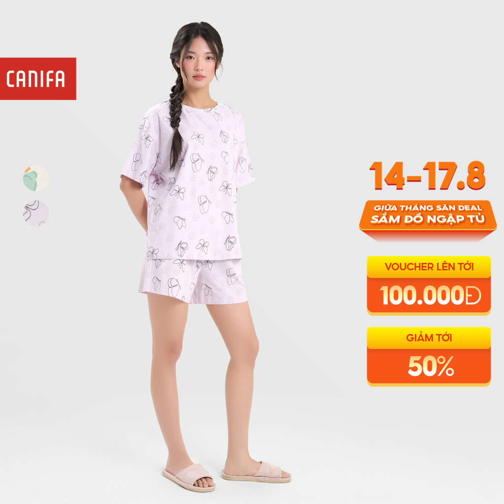 Bộ quần áo nữ CANIFA áo thun cộc tay cổ tròn quần short hoạ tiết 6LS25S006