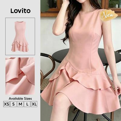 (New Arrival) Lovito Váy liền dáng bất đối xứng giản dị màu hồng nhạt mùa xuân/mùa hè cho nữ DRK9P2D317
