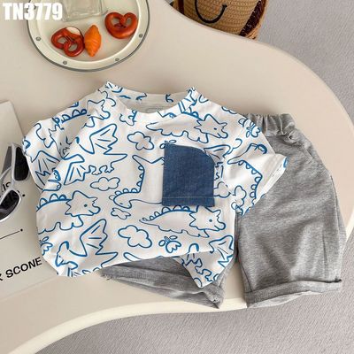 Bộ Áo Thun Quần Short Bé Trai Họa Tiết Khủng Long Túi Ngực Phối Màu MINTSCLOSET TN3779