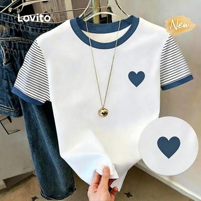 (New Arrival) Lovito Áo thun nữ trắng tay ngắn vải phối họa tiết ghép màu phong cách xuân/hè TSB199P2D690