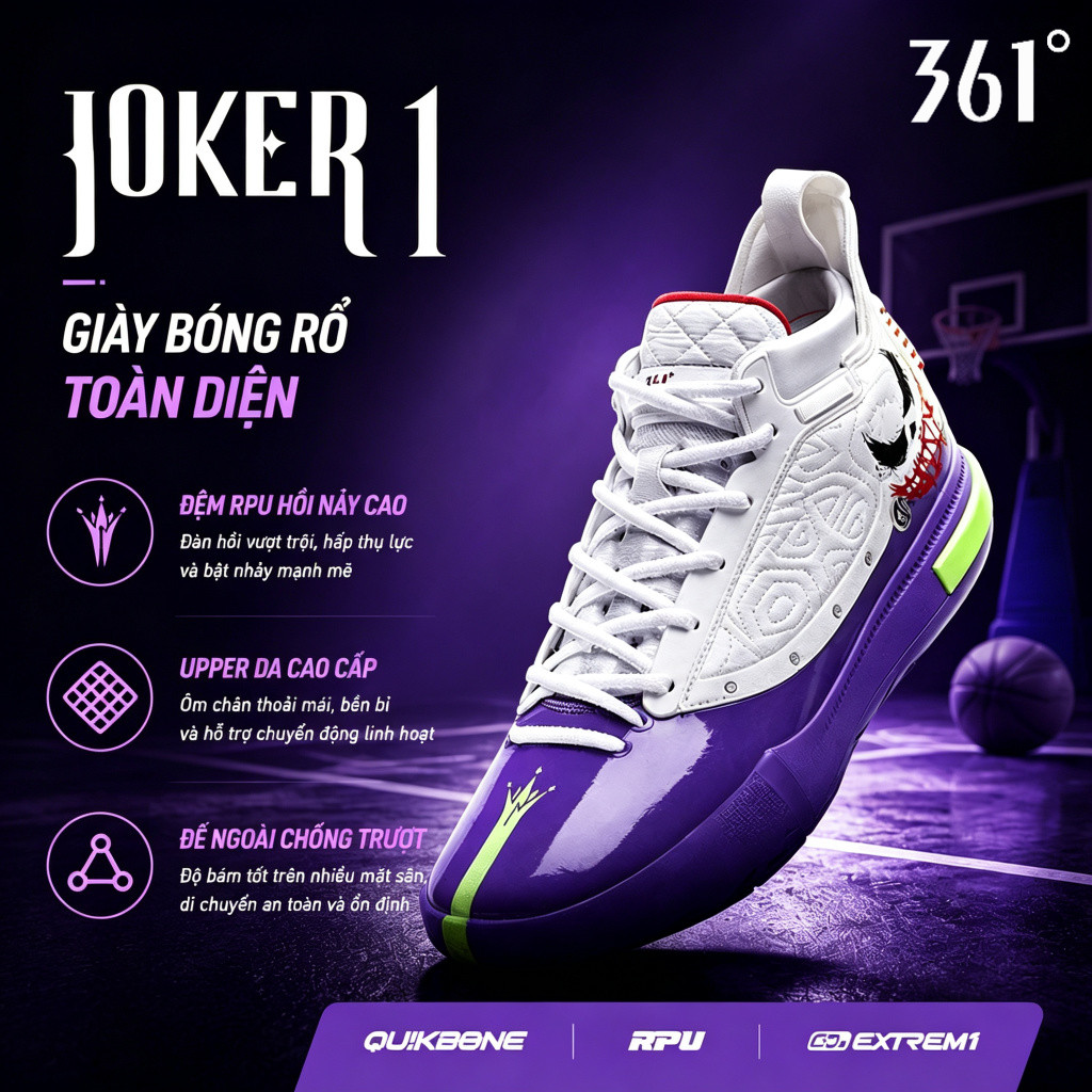 361° Giày Bóng Rổ Trung Cổ Joker 1 Mới 2026 Toàn Năng Đàn Hồi Tốt Ổn Định Chống Trơn Bền Sân Ngoài