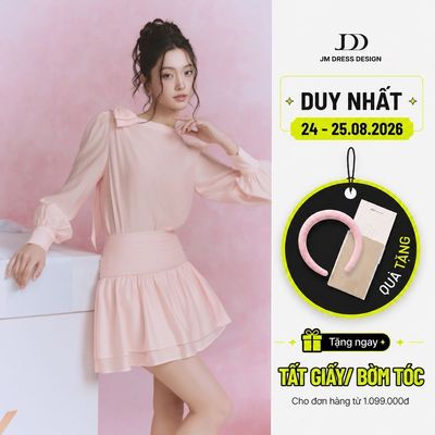 Set đồ Áo cổ nơ nhún nhẹ tay bồng 2T03.2501OG, Chân váy xếp nhún eo 2 tầng đổ 4S05.2501OG thiết kế bởi JM Dress Design
