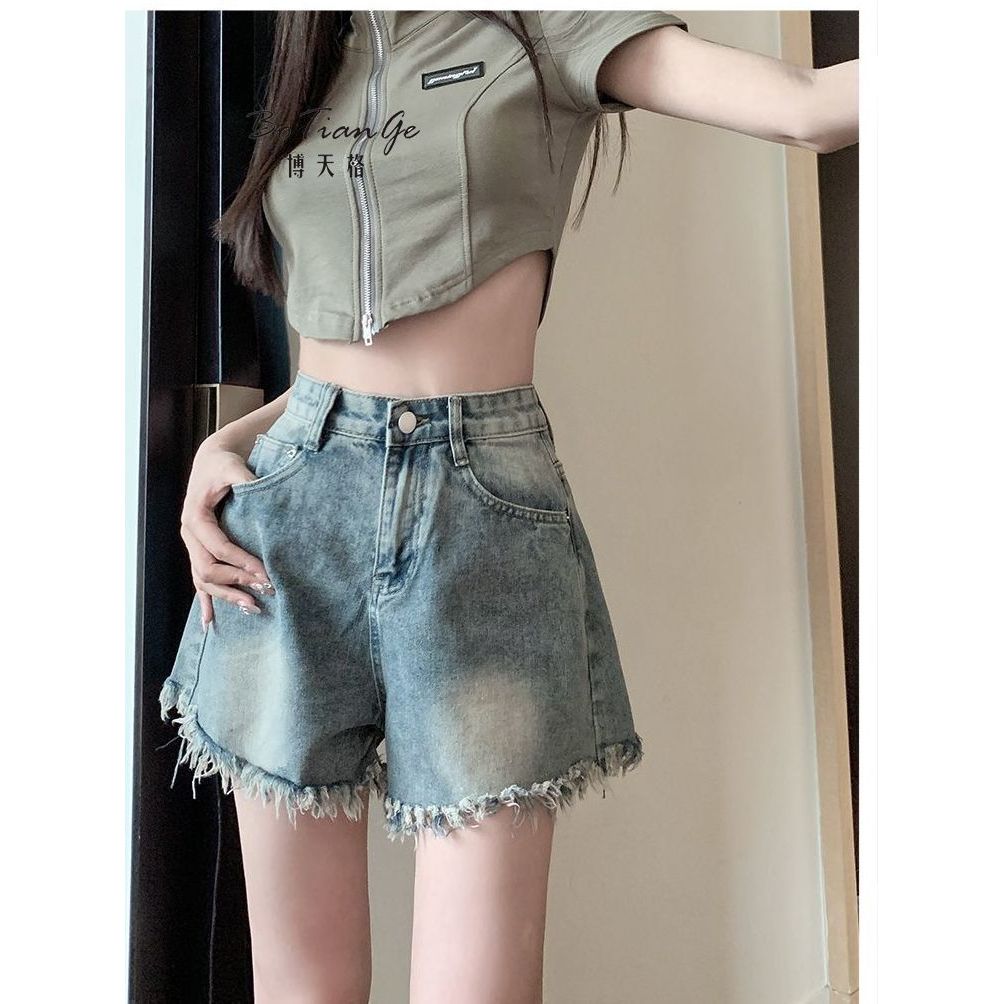 Lin Linzi の Retro Raw Edge Niche Design Quần Short Denim Nữ Cao Cấp Mùa Hè Mỏng Nhỏ Chữ A Rộng Quần 