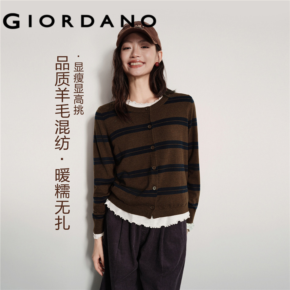 GIORDANO WOMEN Striped crewneck cardigan 18356914