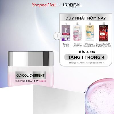 Kem dưỡng ban ngày dưỡng sáng mịn & mờ thâm nám L'Oreal Paris Glycolic (AHA) Bright [Glycolic + Niacinamide] SPF 30 50ml