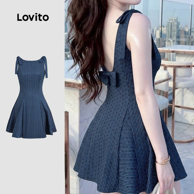 Lovito Đầm xanh dương đậm mùa xuân/hè cho nữ kiểu dáng thường ngày nơ sau LK6ED135