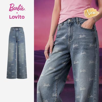 (New Arrival) Barbie™ X Lovito Quần Jeans Nữ Xanh Dương Xuân/Hè Eo Trung Chân Thẳng Nút Có Túi LBL5AD021