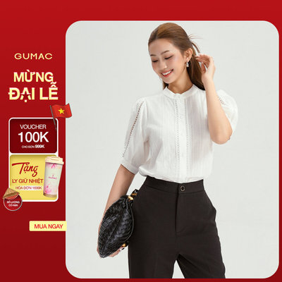 Áo kiểu form suông GUMAC tay lửng cổ trụ nẹp nút và tay áo phối viền ren AG01005