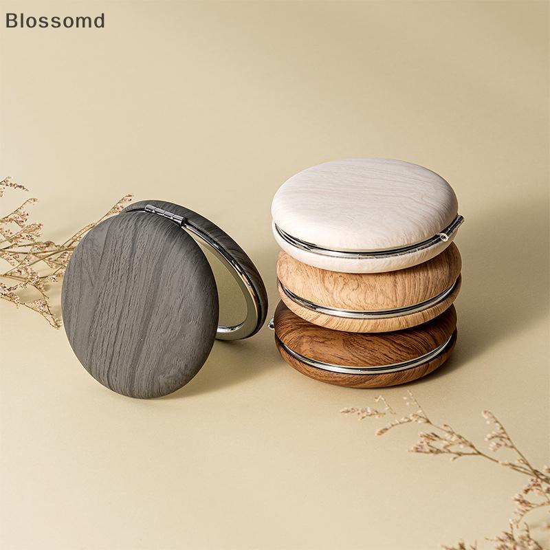 Blossoms Mini Vintage Gương Trang Điểm Hạt Gỗ PU Gấp Gương Tròn Nhỏ Gọn Du Lịch Gương Trang Điểm Di 