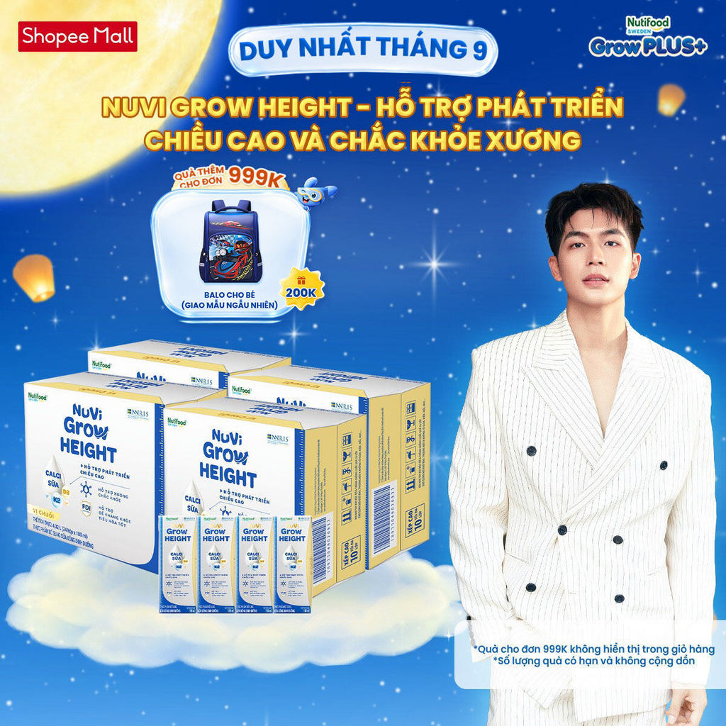 Combo 4 Thùng 24 hộp SBPS Nuvi Grow Height vị chuối 1+ hỗ trợ phát triển chiều cao hộp 180ml