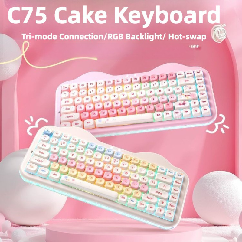 Bàn phím Bluetooth không dây C75 Tri Mode dành cho bé gái Giá trị cao và dễ thương RGB Hot Swap Tùy 
