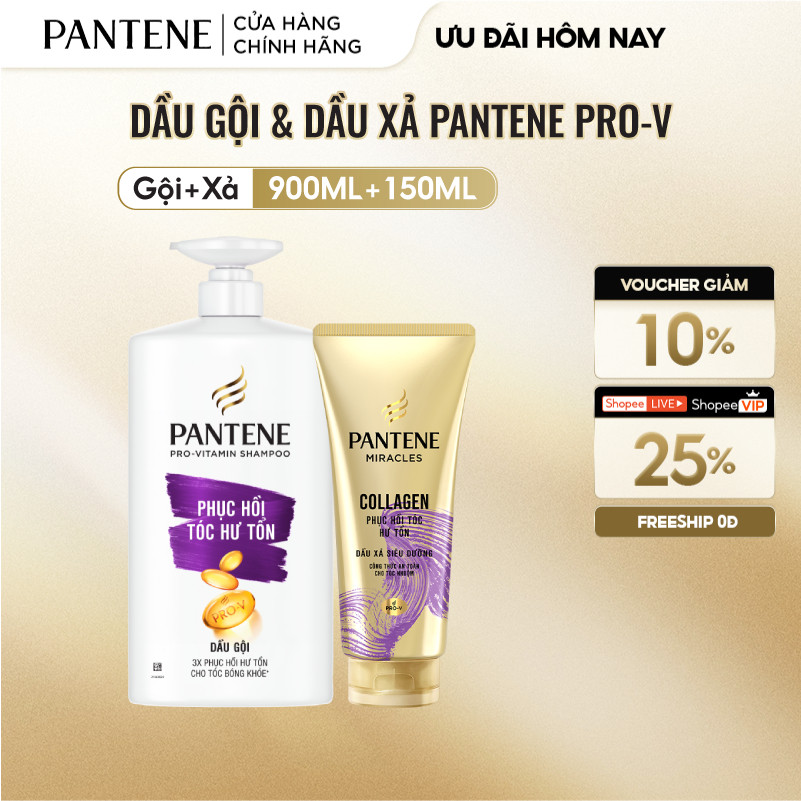 Combo Dầu Gội PANTENE Pro-V & Dầu Xả Siêu Dưỡng NgănRụngTóc/ PhụcHồiHưTổn/SuônMượtÓngẢ -Chai 900ML&1