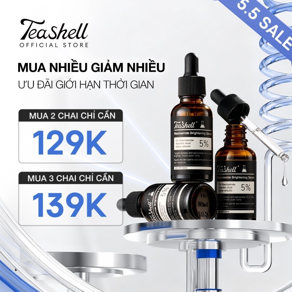 Teashell SERUM LÀM SÁNG 5% Niacinamide + Arbutin 30ml Skin Formula Serum-SpotsBrighte, Giảm Vết Thâm