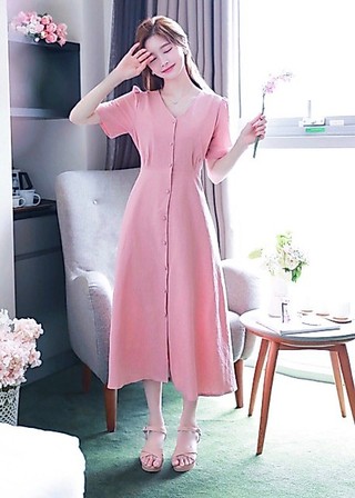 Đầm váy hồng nút bọc form dài (kèm hình thật)