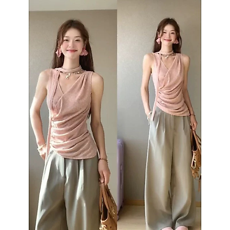 MR [Snowfleece] Hem Thiết Kế Bên Eo Xếp Ly Ruy Băng Vest Sling Nữ Mùa Hè Pháp Hồng Dây Top