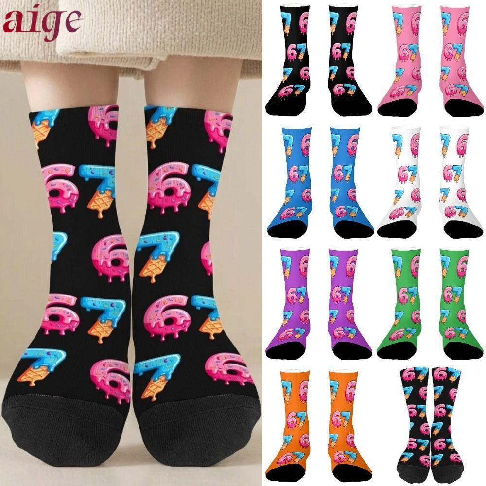 AIGE 67 Meme Crew Tất Dài, Cotton Ấm 67 Meme Kem Tất, Ngộ nghĩnh Thoáng Khí Nhẹ Hoạt Hình Sáng Tạo V