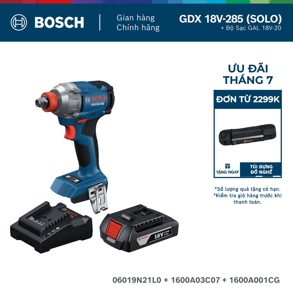 Máy bắt ốc vít dùng pin Bosch GDX 18V-285 (SOLO) + Pin GBA 2.0Ah / Bộ Sạc GAL 18V-20 (MỚI)