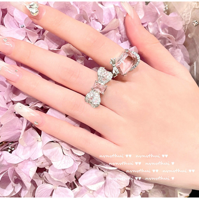 Gothic Gradient Hồng Đá Quý Nơ Nhẫn Phong Cách Mỹ Cắt Mịn Mạ 18K Vàng Morgan Hồng Zircon Bướm Nhẫn