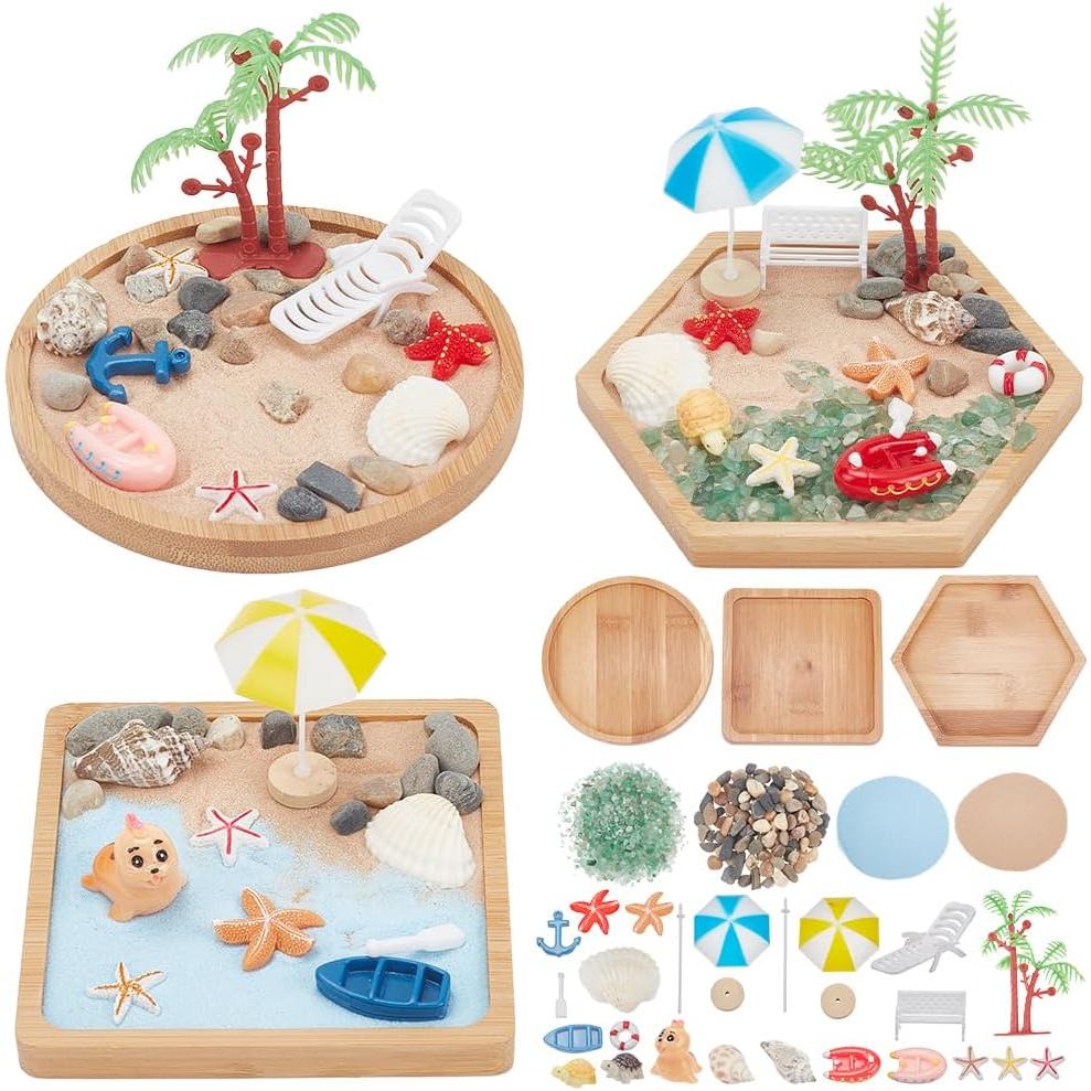 WEBEEDY 3 Bộ Mini Beach Zen Garden Kit Sand Craft Kit Ocean Beach Sandbox Trang trí Thiền Mini Zen G