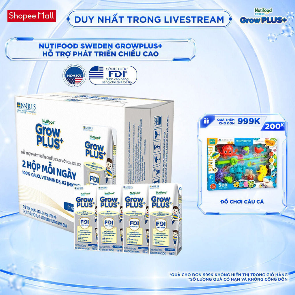 Thùng 24 hộp Sữa Bột Pha Sẵn Nutifood Sweden GrowPLUS+ Cao lớn vượt trội 24 hộp 180 ml