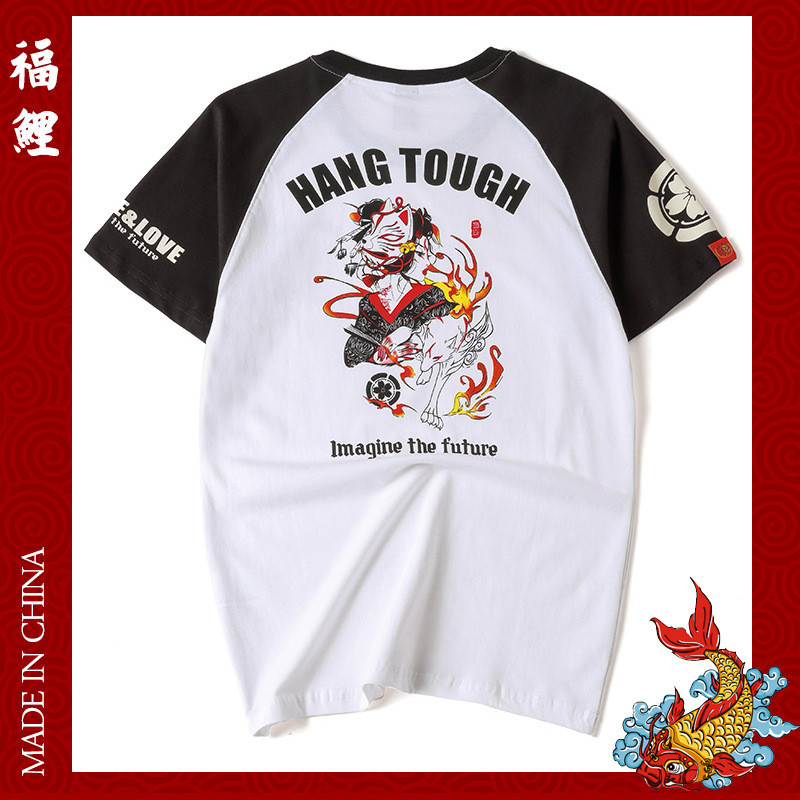 Nhật Bản Retro Ukiyo-e Oiran Fox Body In Hình Cotton Ngắn Tay Áo Thun Nam Plus Size Cổ Tròn Cặp Đôi 