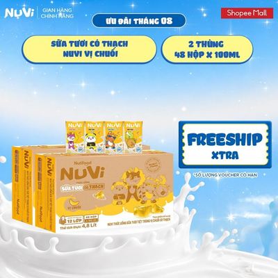 Combo 2 Thùng 48 Hộp NuVi Thức Uống Sữa Tươi Tiệt Trùng Vị Chuối Có Thạch 100 ml