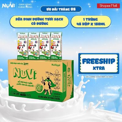 Thùng 48 Hộp Sữa Dinh Dưỡng Tươi Sạch NuVi Có Đường 180ml