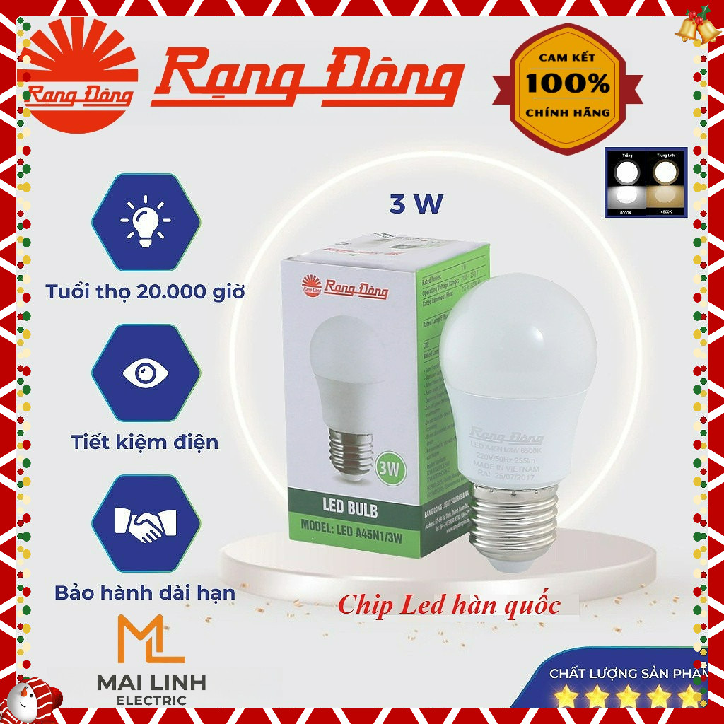 Bóng đèn Led bulb tròn 3W Rạng Đông - Đui E27 siêu sáng, tiết kiệm điện - MODEL Bulb A 3W