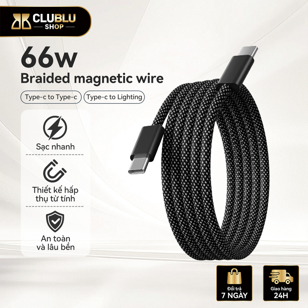 -CLUBLU- Dây Cáp Sạc Nhanh 2 Đầu Type-C LGT Nam Châm Lò So Chống Rối Dành Cho iP14/15 Máy Tính Bảng