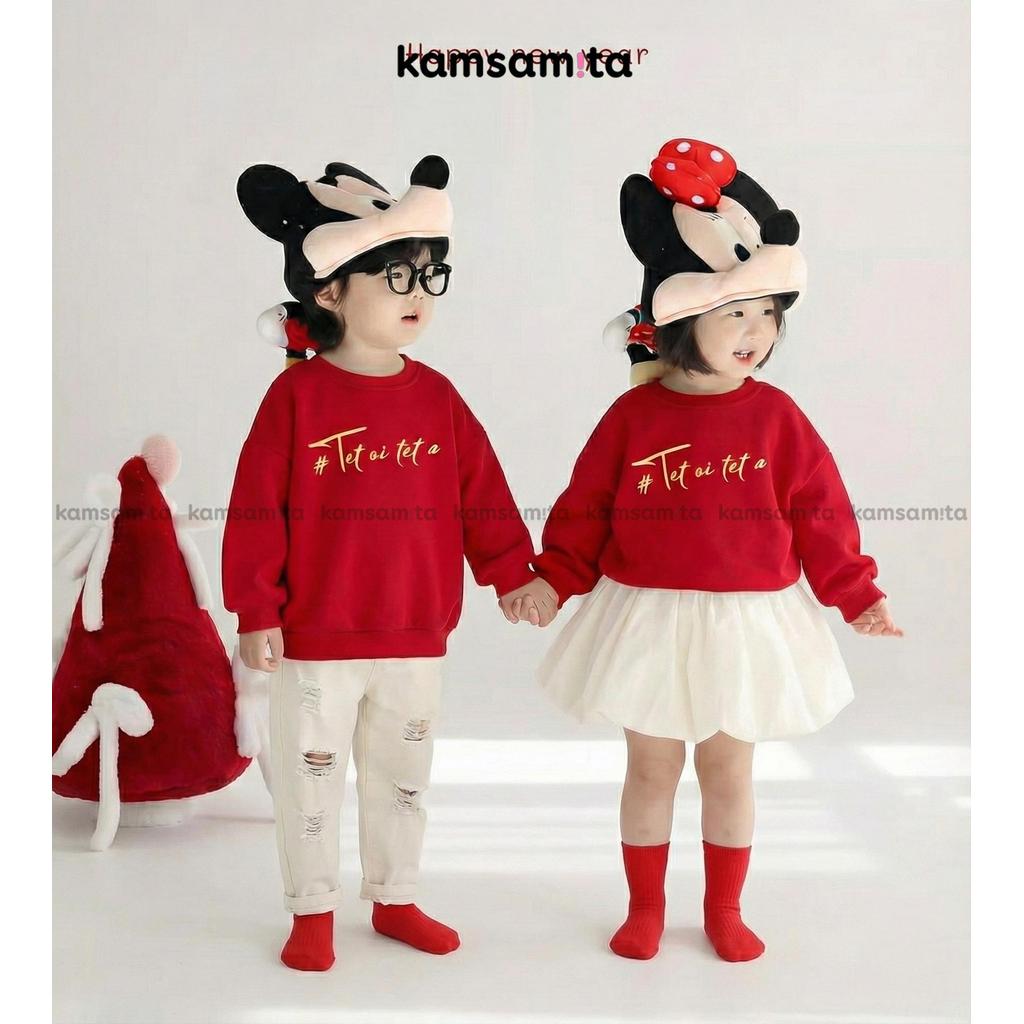[12-35kg] Áo nỉ bông Sweatshirt màu đỏ trẻ em thu đông KAMSAMITA họa tiết TẾT vải cotton 330gsm