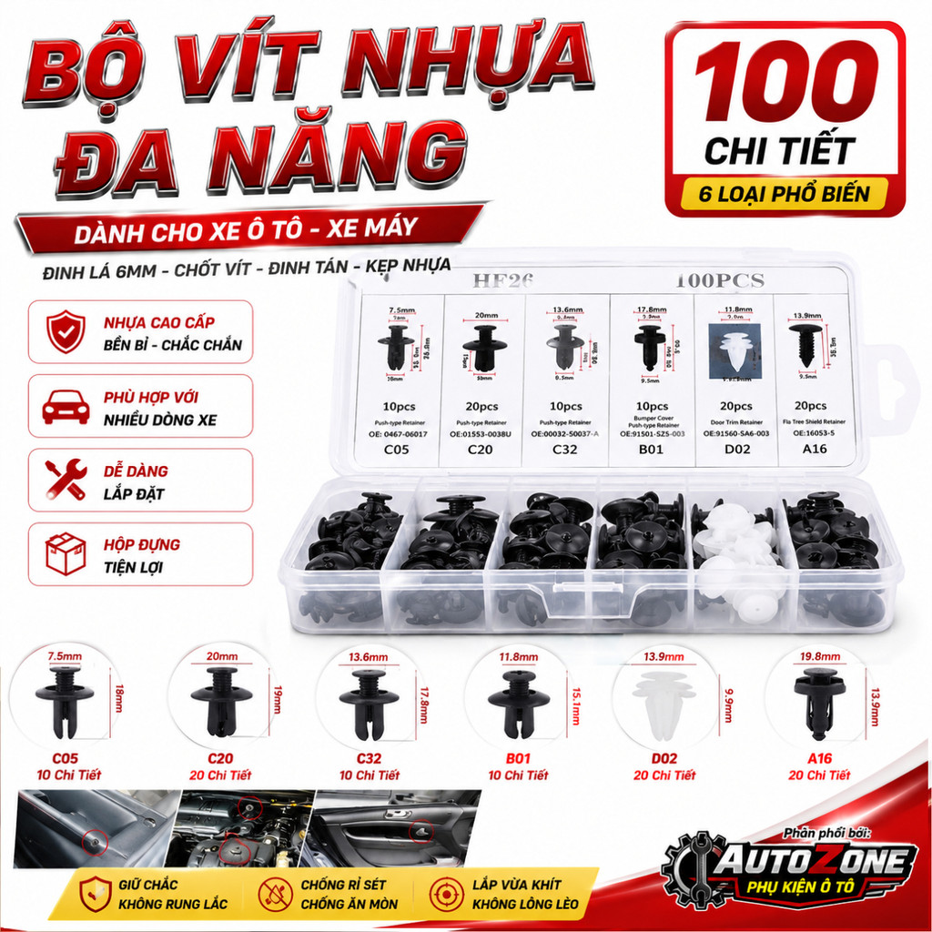 Bộ vít nhựa đa năng Trên Ô Tô Đinh Lá 6Mm Lỗ Nhựa Đinh Tán Chốt Vít Xe Dây Kẹp Dành Cho Xe Máy Ô Tô