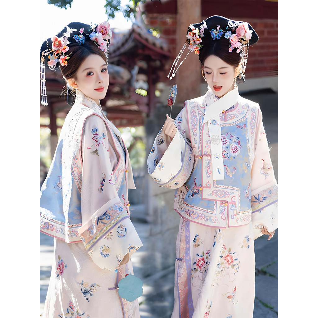 Full Nữ Nhà Thanh In Hình Cổ Trang Phục Yanji Vest Công Chúa Trang Phục Lưới Nhà Thanh Cờ Trang Phục