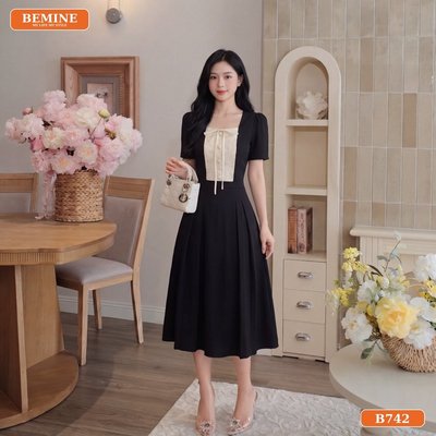 Đầm thiết kế BEMINE cổ vuông phối nơ dáng dài phù hợp đi chơi-B742