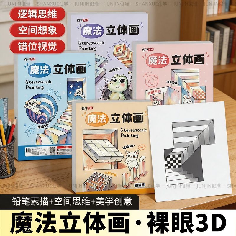' 魔法立体画2026新款描摹本儿童描线涂色画画本3D立体图画本临摹本Magic Stereoscopic Drawing Notebook 3D Vision Elementary School A