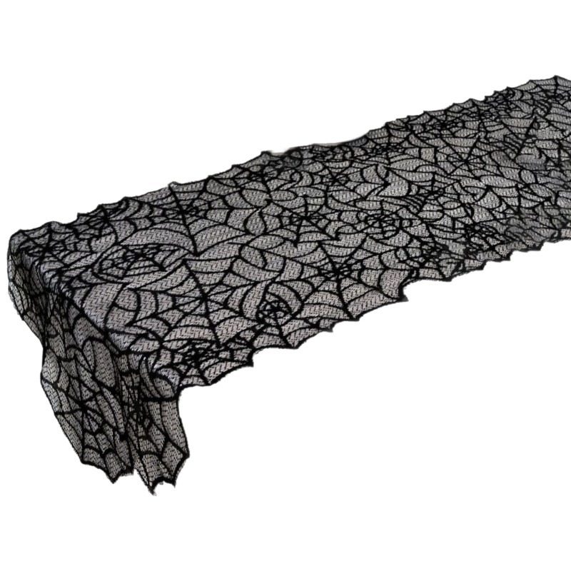 YOI Spiderweb Table Runner cho trang trí Halloween Ren đen Polyester 19 7 X 78 7 In cho bàn ăn dài B