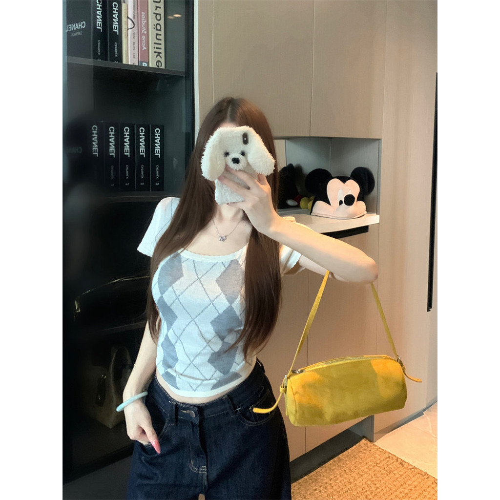 Apricot Cổ Tròn Kim Cương Dệt Kim Nữ Ôm Hơn Nhìn Ngắn Tay Top