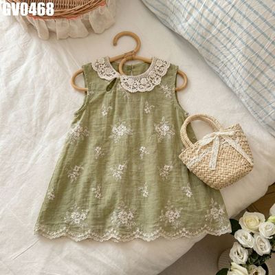 Váy Bé Gái Sát Nách Xanh Olive Cổ Ren Thêu Hoa Dáng Chữ A Vintage MINTSCLOSET GV0468