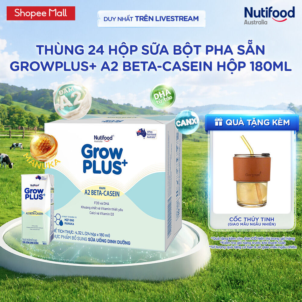[Livestream] Thùng 24 hộp Sữa bột pha sẵn GrowPLUS+ Đạm A2 Beta-Casein Hộp 180ml