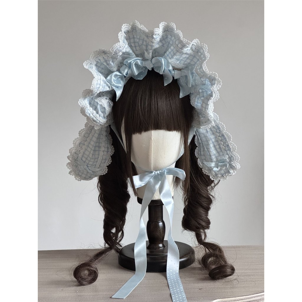 Mũ Bonnet Lolita tai thỏ họa tiết caro nhiều màu thiết kế đa năng 2 kiểu đội