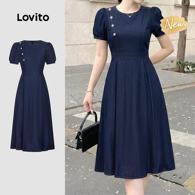 (New Arrival) Lovito Đầm nữ màu xanh navy dáng rũ nút cài thanh lịch mùa xuân/hè L198ED254