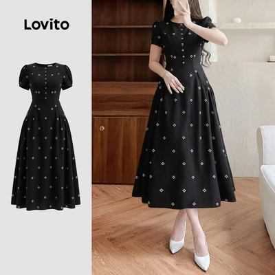 Lovito Mẫu váy thanh lịch, cài nút, màu đen, dành cho nữ, mùa xuân/hè LK3LD468
