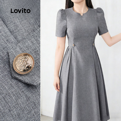 Lovito Đầm thanh lịch xếp ly khóa kim loại cắt xẻ mùa xuân/hè màu xám cho nữ L177ED396