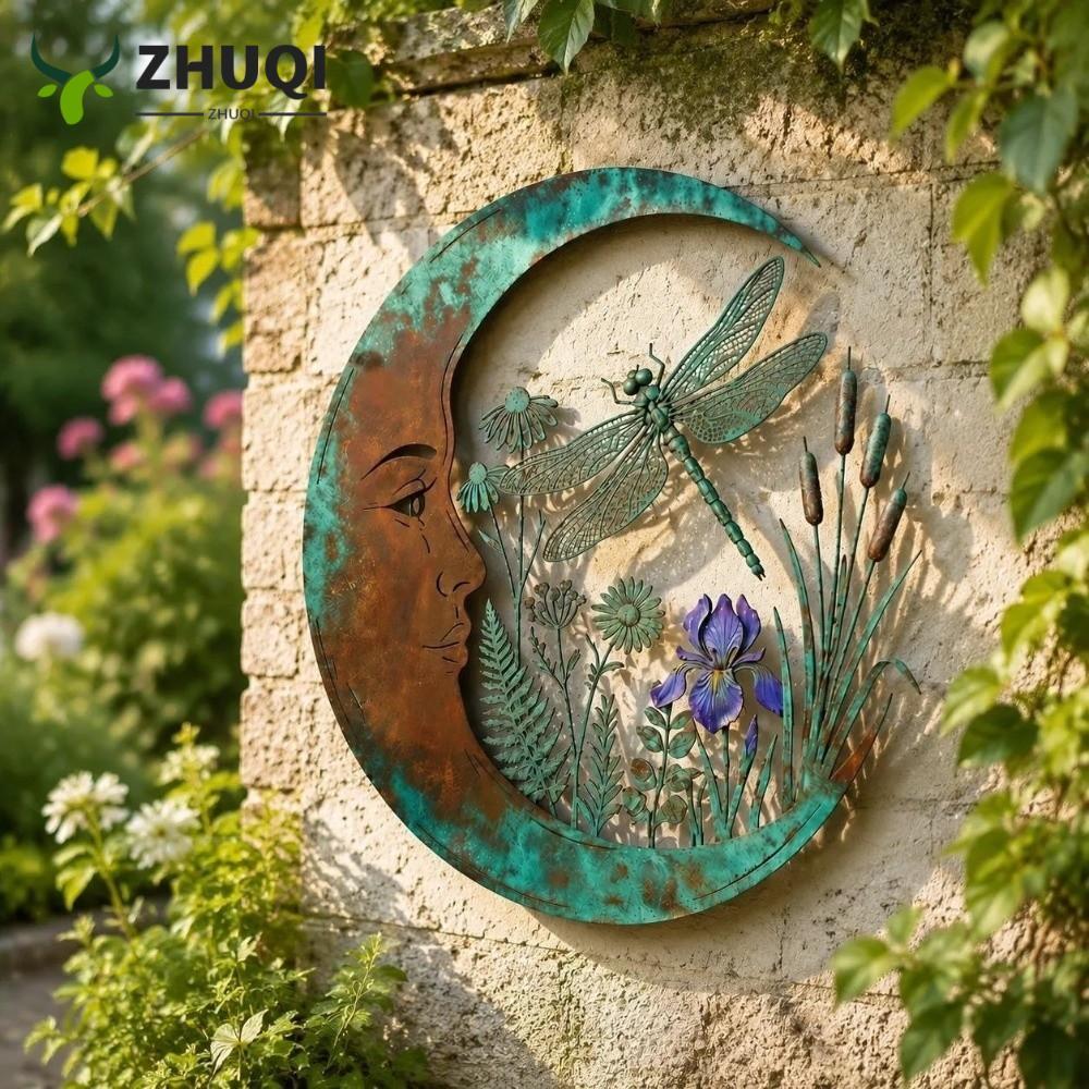 ZHUQIPH Moon Fairy Wall Decor, Iron Dragonfly Bee Wall Art, Rustic Garden Decor Floral Wildflower De